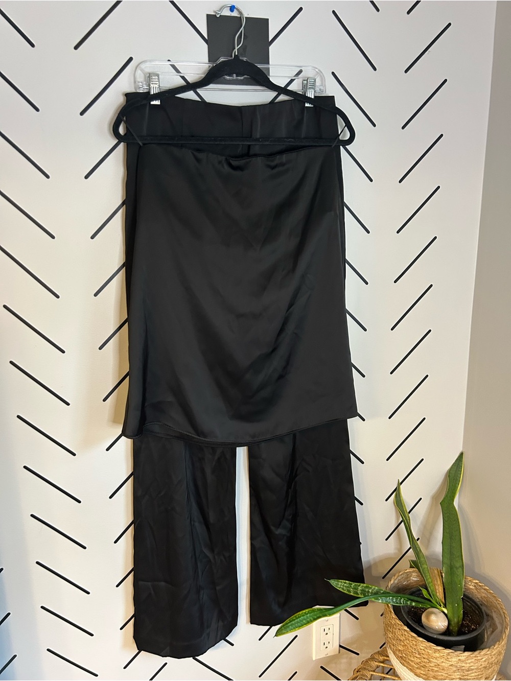 NWT Zara black satin matching set wide leg trousers strapless top built in bra